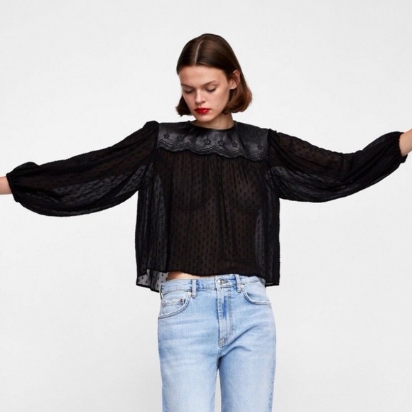 Zara Tops - Sheer faux leather embroidered blouse